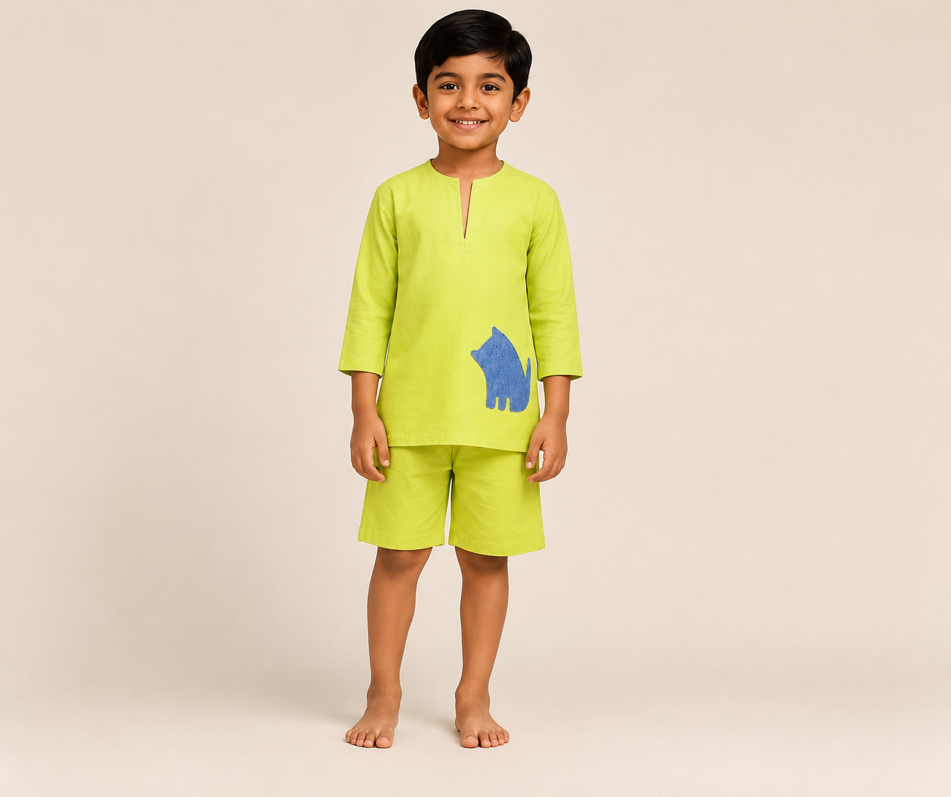Neon Green Patchwork Shorts Set| Organic Muslin| Kids Unisex Loungewear