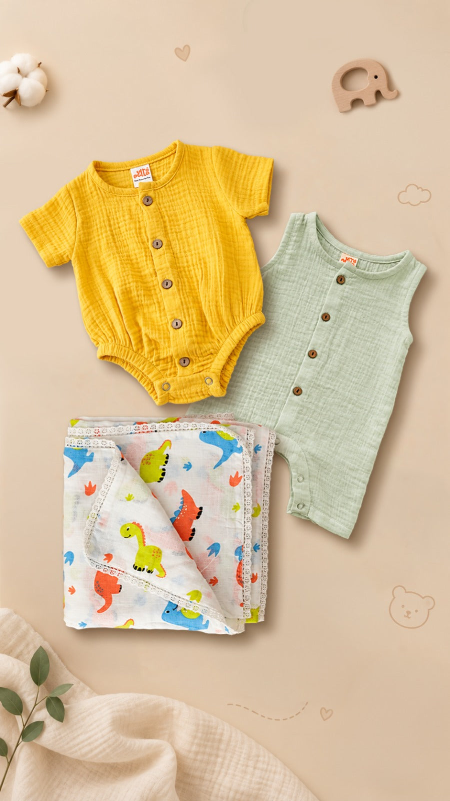 Organic Muslin Romper & Swaddler| Infant Gift Set