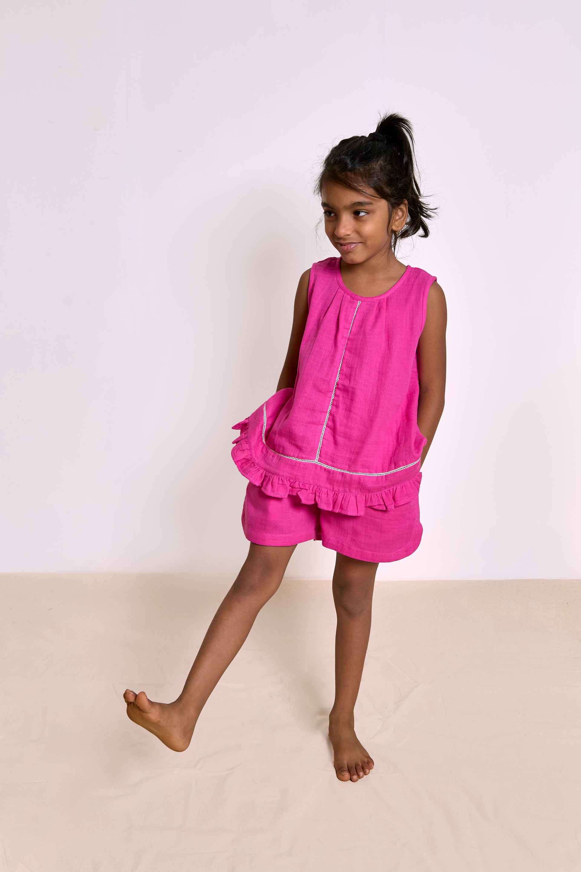 Fuschia Pink Shorts Set| Organic Muslin | Girls Loungewear
