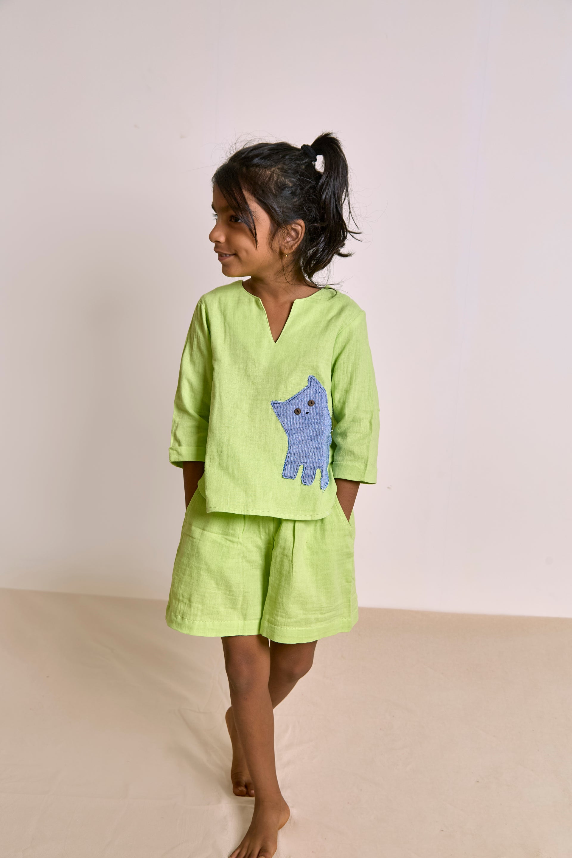 Neon Green Patchwork Shorts Set| Organic Muslin| Kids Unisex Loungewear