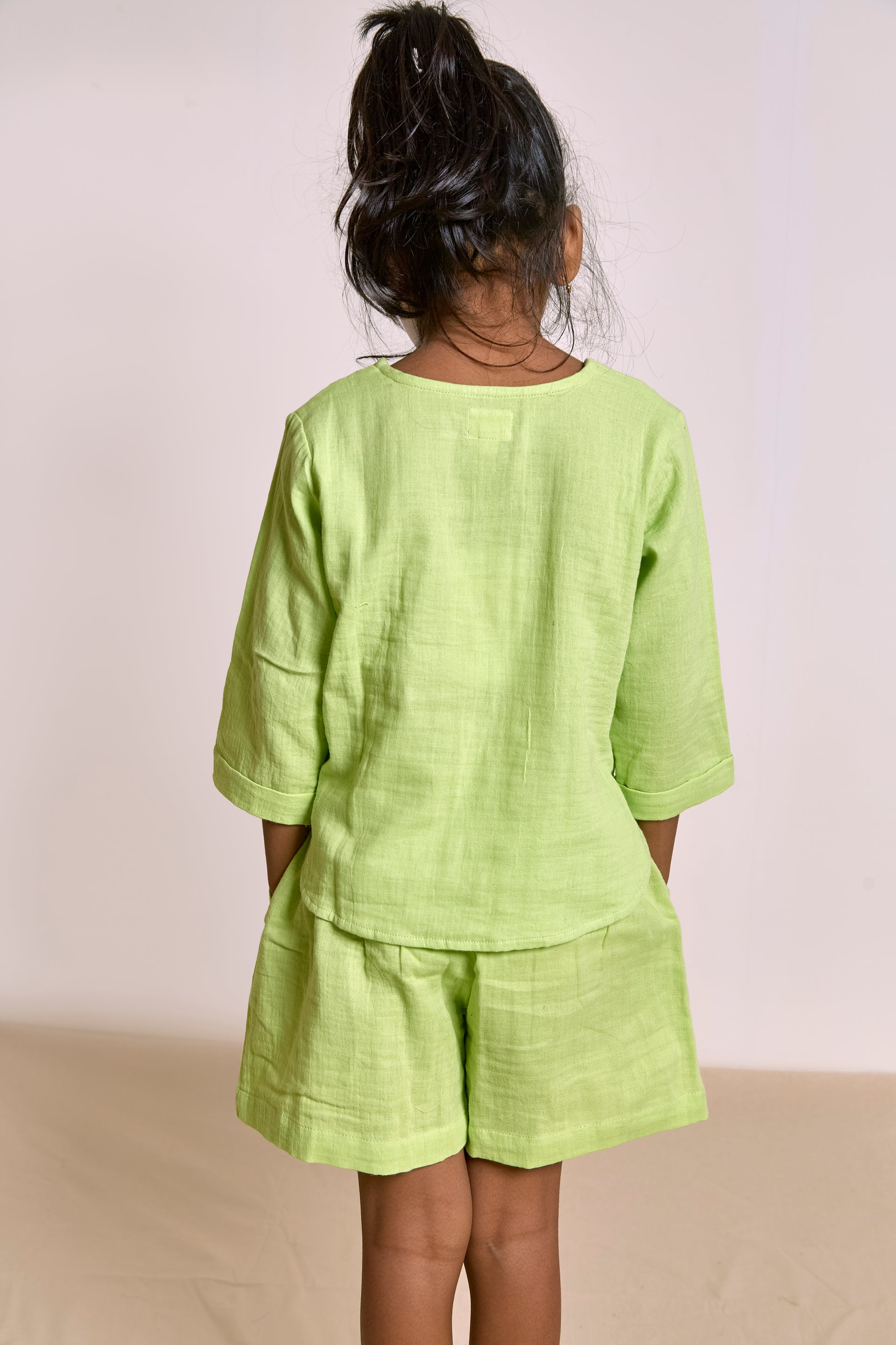 Neon Green Patchwork Shorts Set| Organic Muslin| Kids Unisex Loungewear