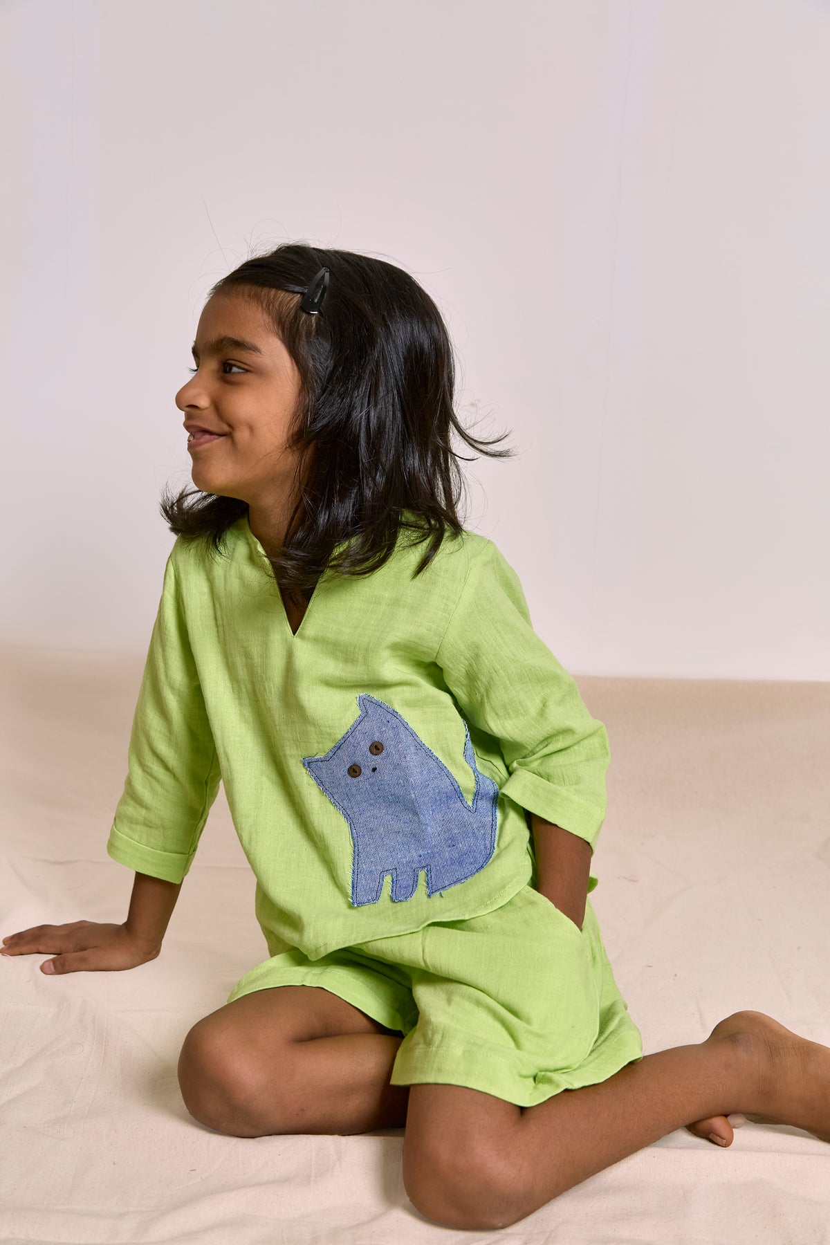 Neon Green Patchwork Shorts Set| Organic Muslin| Kids Unisex Loungewear