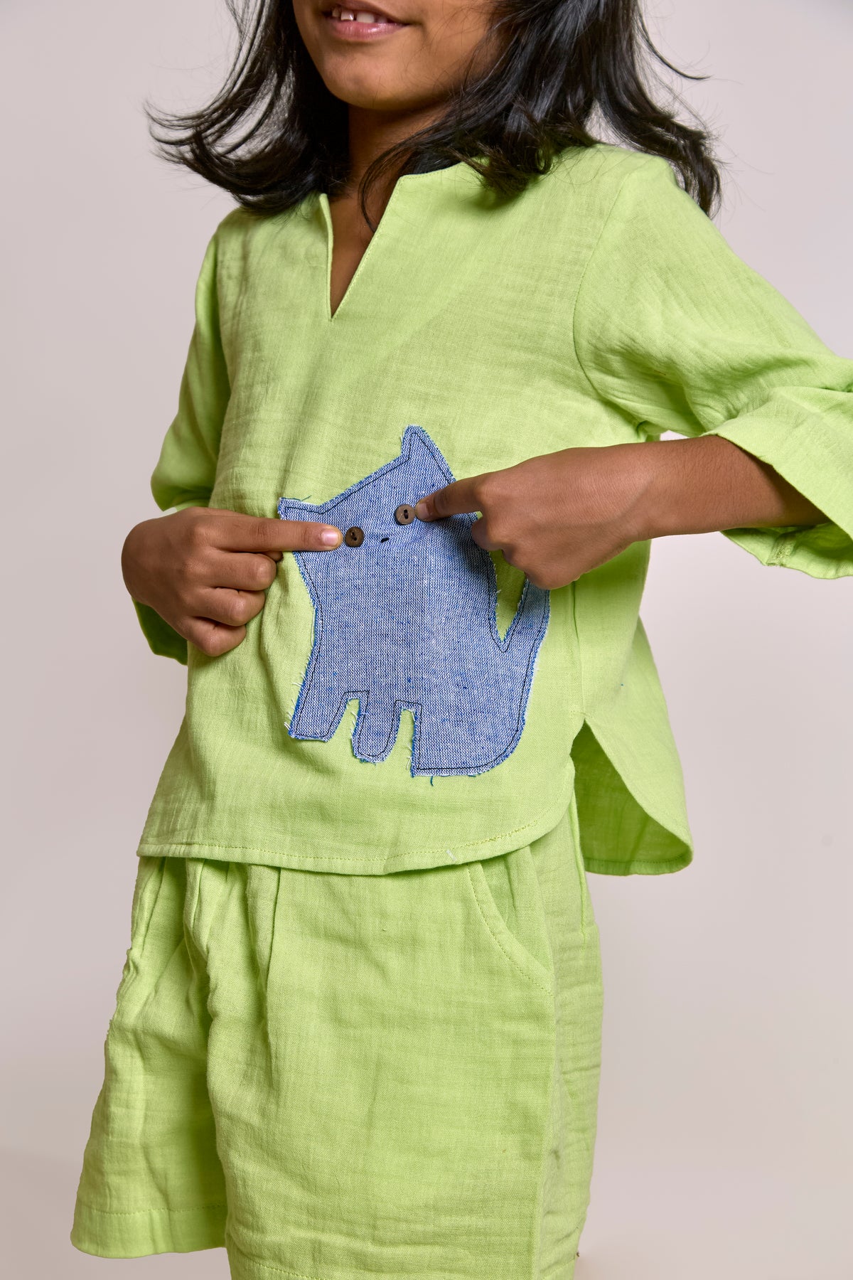 Neon Green Patchwork Shorts Set| Organic Muslin| Kids Unisex Loungewear
