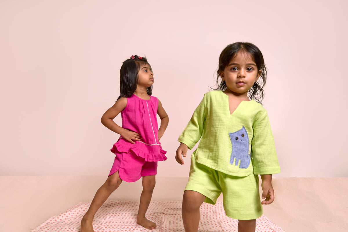 Neon Green Patchwork Shorts Set| Organic Muslin| Kids Unisex Loungewear