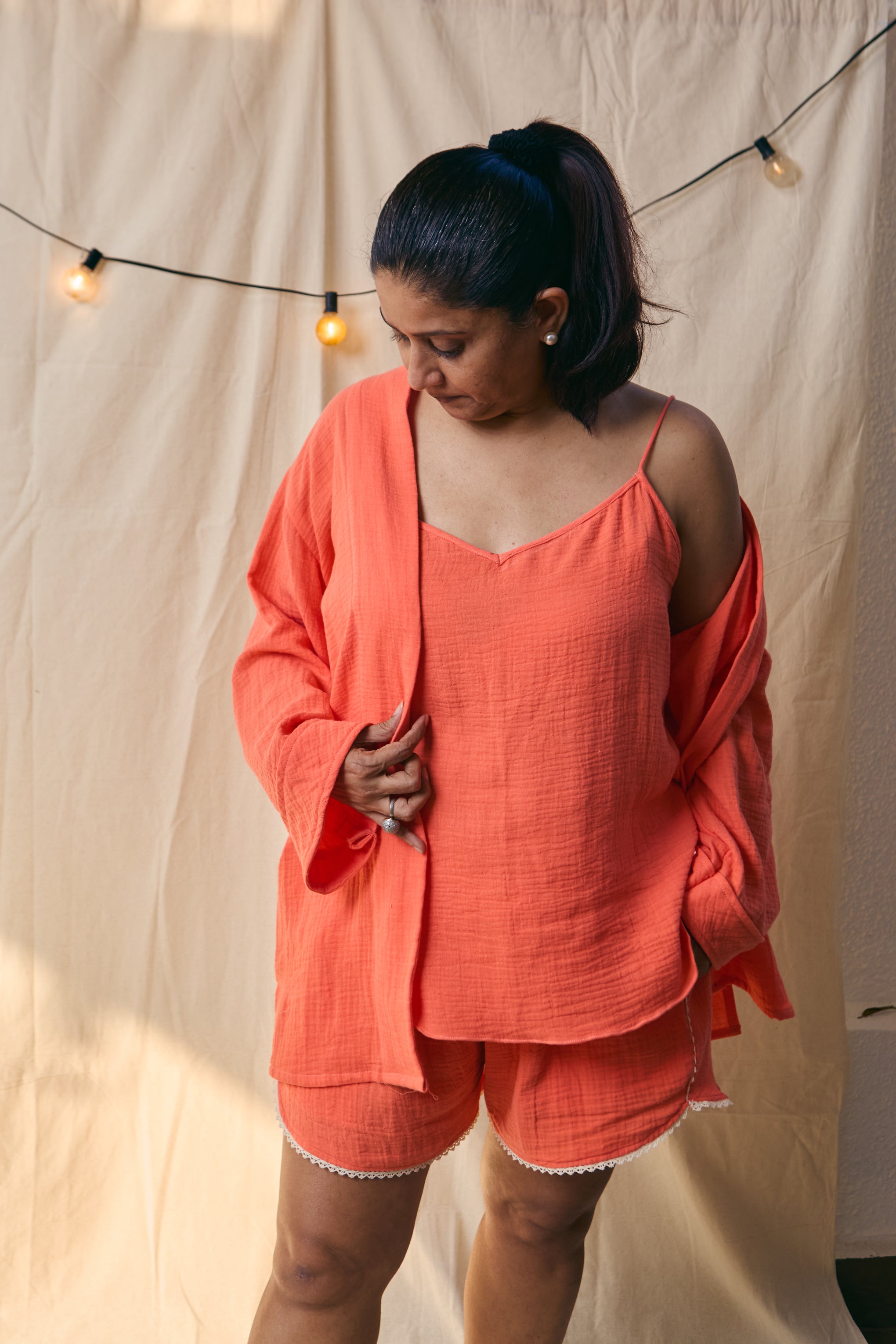 Orange 3 Piece Shorts Set| Organic Muslin| Adults Lounge Set