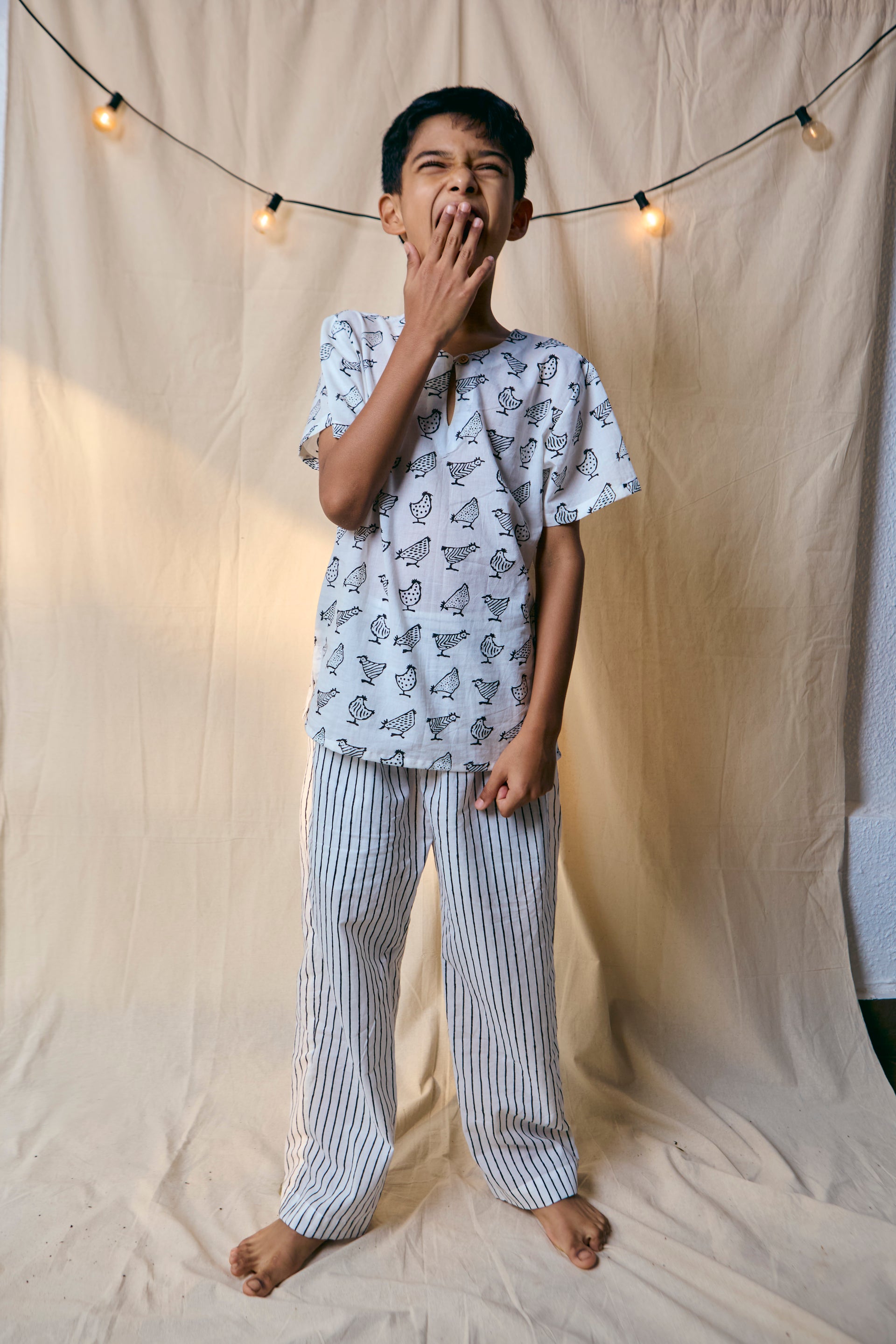 B&W Handblock Rooster Set| Unisex Kids Loungewear